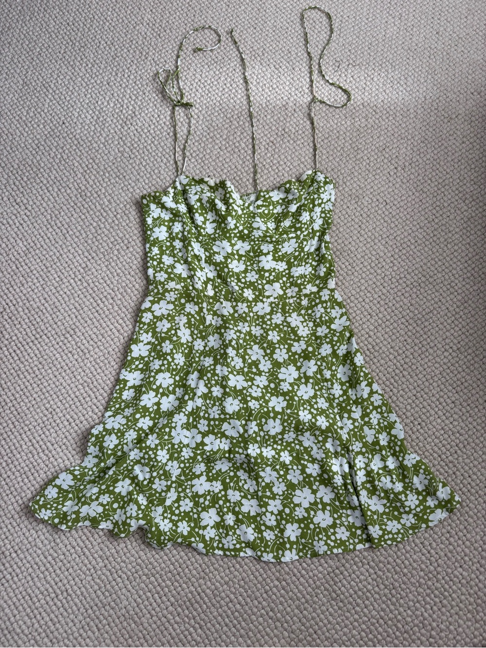 Reformation Olive Green and White Floral Tie-Strap Sundress